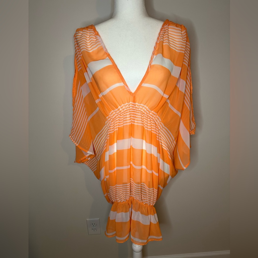 Victoria’s Secret Swim Coverup Orange White Striped Sz L #1054